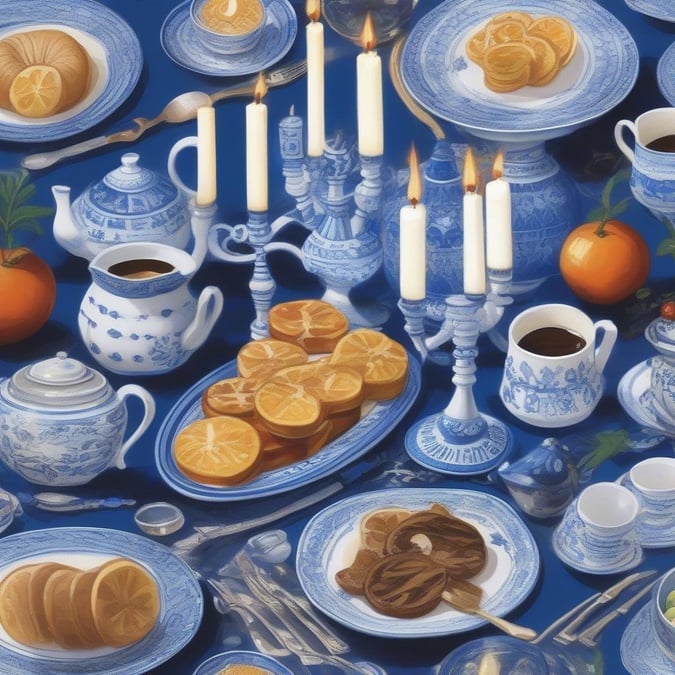 This cheerful blue and white Hanukkah wallpaper brings a touch of festive charm to your digital screens. The assortment of traditional Hanukkah treats like latkes, oranges, and candles is set against a soothing blue backdrop that complements the delightful blue and white pattern of the tableware.