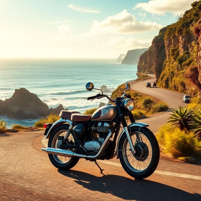 Take a scenic ride on your motorcycle through the coastal mountains. This picture captures the exhilarating feeling of adventure with an open road and breathtaking views.