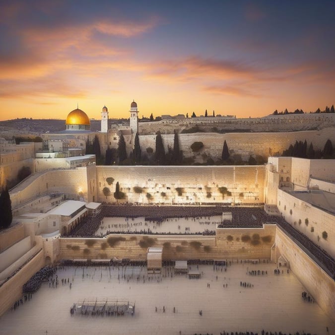 Fang skønheden af Vestmuren i Jerusalem under Hanukkah, mens solen går ned, og lysene tændes, og oplyser den gamle struktur mod den dybe blå himmel.