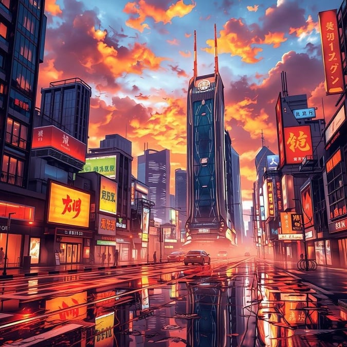 This vibrant, neon-lit cityscape is bathed in the warm hues of an orange and yellow sunset. The towering buildings reflect off the wet pavement below, creating a futuristic and modern atmosphere that captures the essence of an anime world.