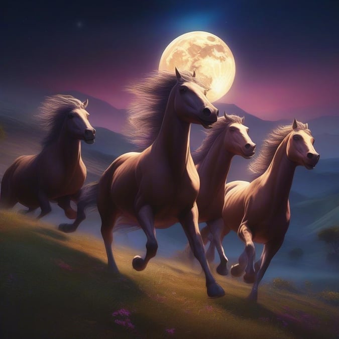 Experience the magic of a moonlit horse ride through this enchanting wallpaper. The horses, with their flowing manes and majestic presence, are set against a backdrop of a full moon and a starry night sky. This image captures the essence of fantasy and adventure, perfect for those who love the mystical and the unknown.