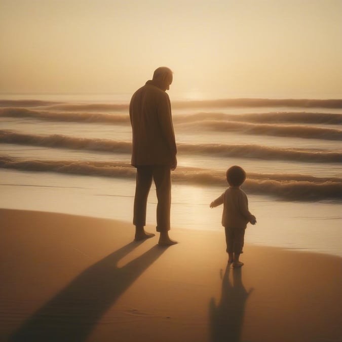 A serene moment shared between an older father and his young child on the beach as the sun sets.