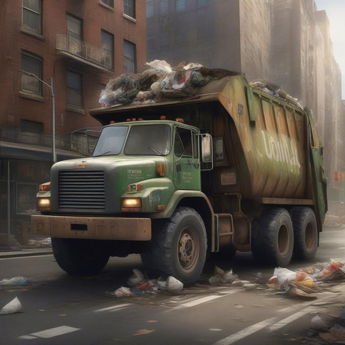 The scene takes place in an urban setting, with a large green garbage truck being the main focus. The truck is full of various types of waste and appears to be on its way to a disposal facility. In the background, you can see buildings indicative of city architecture, but there's also some rubble and debris scattered around, suggesting that the area might have experienced recent construction or demolition works. The presence of this garbage truck emphasizes the importance of waste management in maintaining cleanliness and order within a city.