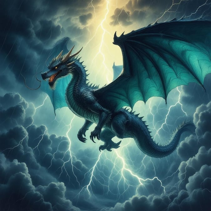 A stunning anime-style illustration of a powerful dragon-like creature soaring through a stormy sky, its wings spread wide, with lightning bolts illuminating the scene.