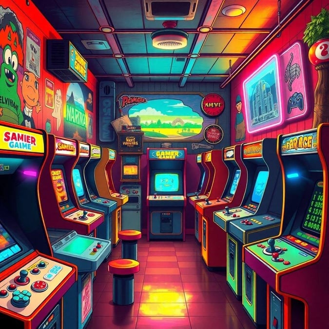 Step into the past with this vibrant retro arcade wallpaper, perfect for desktop and mobile. The image showcases a nostalgic scene of classic arcade games, evoking memories of childhood gaming sessions. With its bold colors and detailed graphics, this wallpaper is sure to transport you back to the golden age of gaming.