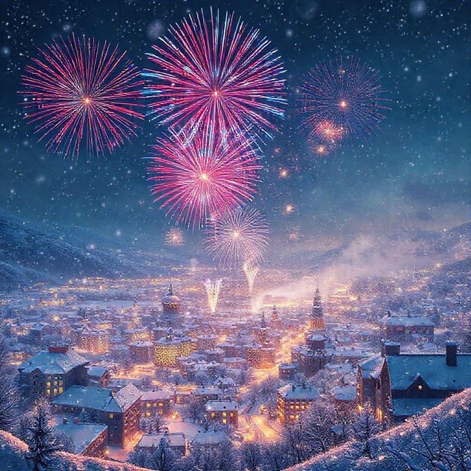 Celebrate the New Year under a starlit sky, as a mountain town draped in festive lights and blanketed by snow is awash in the warmth of fireworks. The scene captures the joyous spirit of winter festivities.