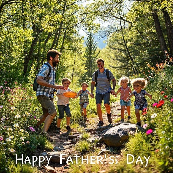 A family hiking in the woods to celebrate Father's Day, enjoying nature and quality time together.