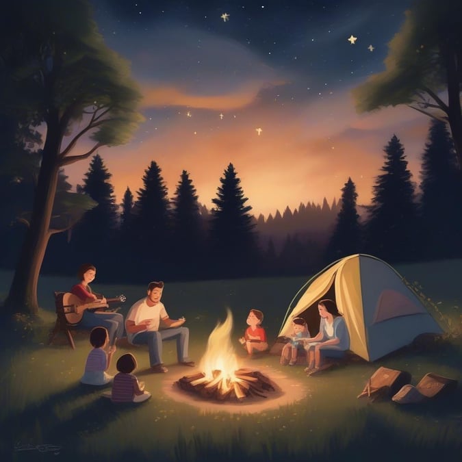 A heartwarming scene of a family enjoying quality time together while camping under the stars.