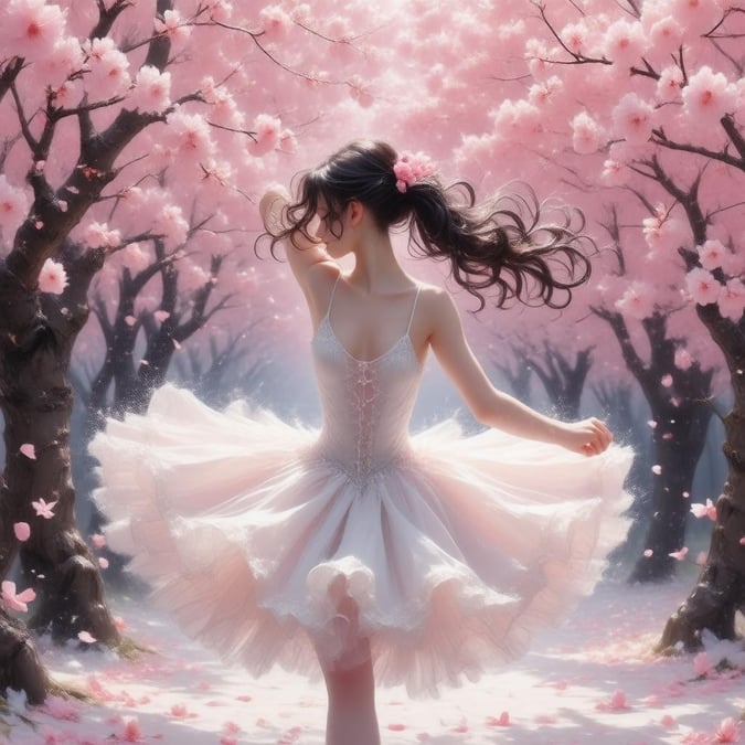 Step into a whimsical world where anime meets ballet, as a delicate ballerina dances amidst a whirlwind of pink cherry blossoms.