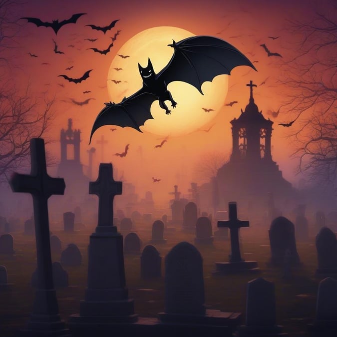 A lively scene at dusk, featuring a cartoonish bat soaring above an old cemetery, with vampire bats and jack-o'-lanterns in the background.