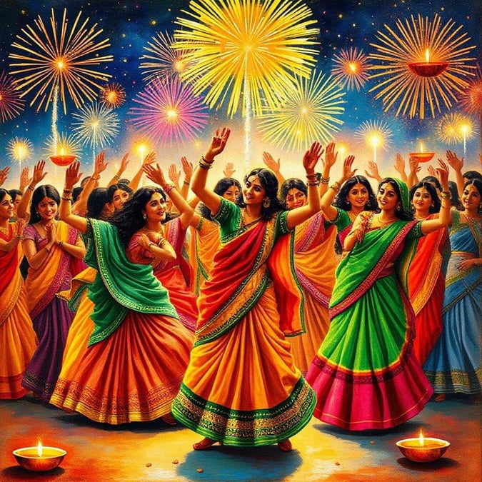 The festivities continue as the crowd celebrates Diwali with fireworks lighting up the night sky. Join in the joyous event, a festival that symbolizes new beginnings and the triumph of good over evil.