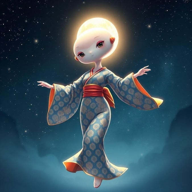 Immerse yourself in the serene beauty of this digital illustration, featuring a geisha dancing under a starry night sky, its body adorned with intricate patterns and a large, expressive head.