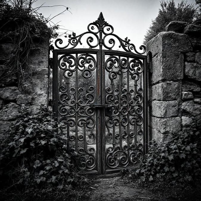 A beautiful black and white wallpaper featuring an ornate gate set into a stone wall.