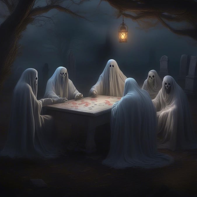 A group of ghosts gather around a table to play cards under the eerie light of the moon, embodying the spirit of spooky fun at a Halloween party.