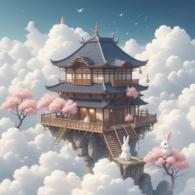 Step into a world of tranquility with this enchanting anime-style wallpaper, featuring a tea house floating above the clouds, surrounded by fluffy white rabbits and cherry blossom trees.