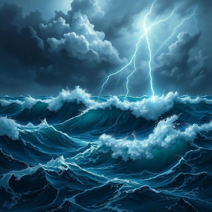 This wallpaper captures the raw power and beauty of the ocean during a storm. The dark blue water is choppy and turbulent, with waves crashing against the shore. The sky is filled with dark clouds, and lightning illuminates the scene, creating a dramatic and awe-inspiring atmosphere.