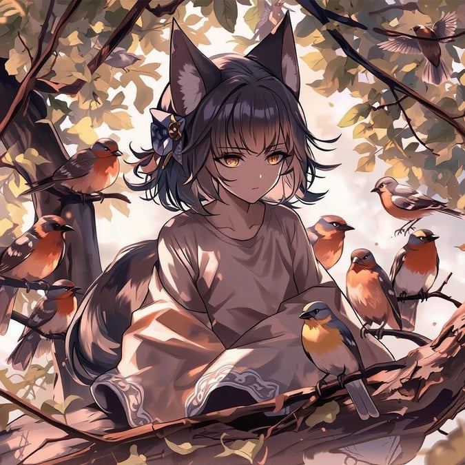 This captivating anime illustration depicts a young girl with animal ears and a tail, sitting peacefully in a tree, surrounded by a flock of birds perched on branches. The scene exudes tranquility, with the birds' attention focused on the girl, capturing the essence of an anime.