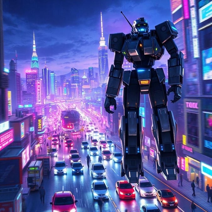 Get ready to immerse yourself in a world of neon-lit skyscrapers, bustling streets, and giant robots strolling through the city. This wallpaper is perfect for anime fans and anyone who loves a good dose of sci-fi and fantasy.