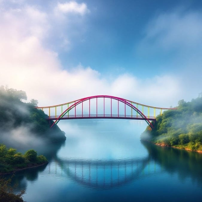 This image is a beautiful representation of a bridge over a river, with a vibrant and colorful design that adds to its aesthetic appeal. The bridge's unique architecture and the surrounding natural scenery make it a stunning sight to behold.