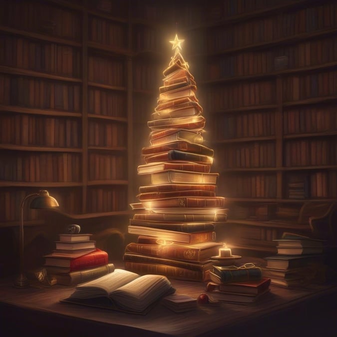 This festive digital artwork depicts a tall, majestic stack of books meticulously crafted to resemble a Christmas tree. The glowing candle atop the pile adds a touch of warmth and coziness to the scene, while the surrounding bookshelves filled with various books in the background suggest a tranquil and intellectual atmosphere, perfect for a quiet holiday celebration.