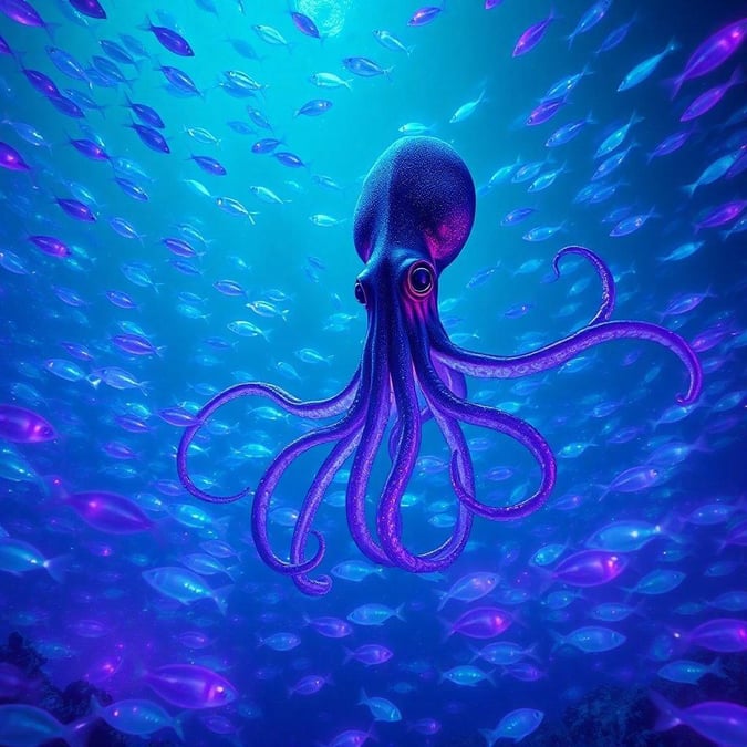 Explore the ocean's depths with this stunning depiction of a vibrant octopus amidst a school of luminous fish.