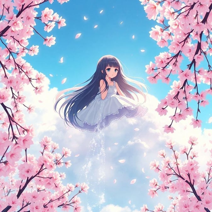 Immerse yourself in the serene beauty of this anime-style wallpaper, where a young girl floats effortlessly on a cloud, surrounded by the breathtaking elegance of cherry blossom trees.