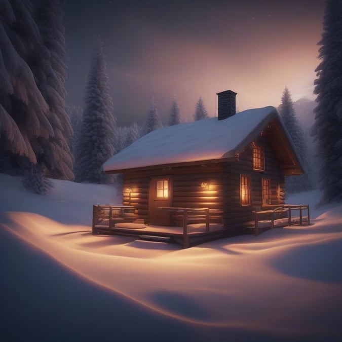 This cozy cabin nestled in the snowy woods offers a warm refuge from the chilly winter air. The gentle glow of the firelight through the window invites you to imagine sitting by it with a good book or simply enjoying the tranquil scenery.