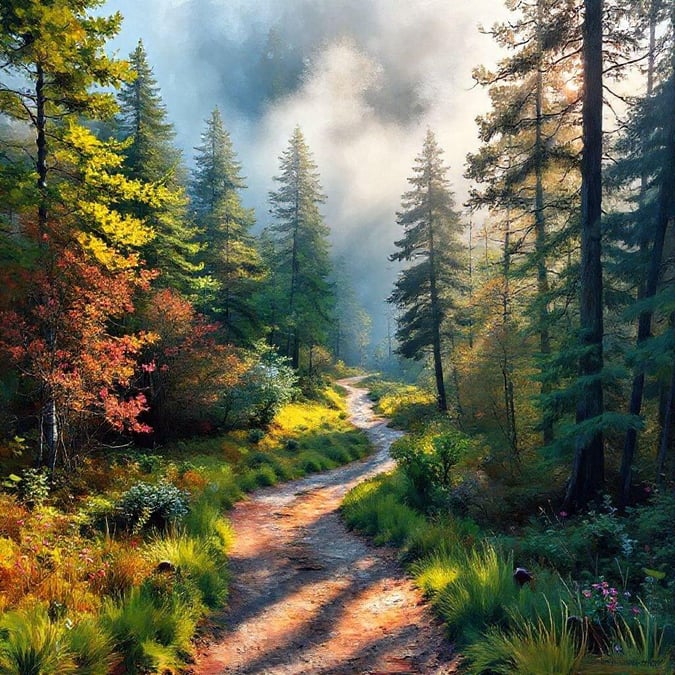 Stroll down an enchanting forest path leading towards the misty mountains. A breathtaking adventure in nature's heart.