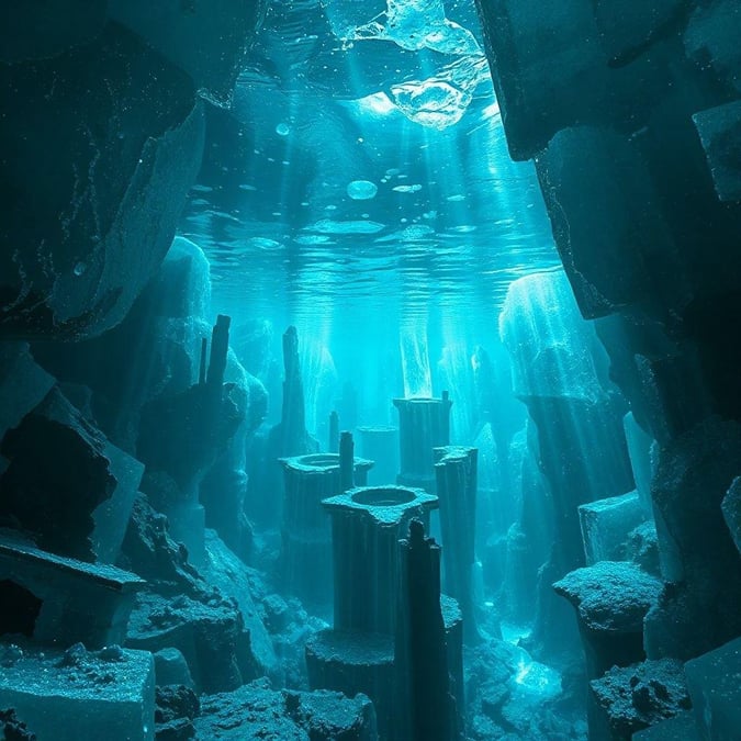 This stunning underwater cityscape features a collection of stone structures, with a bright light shining through the water, creating a sense of depth and complexity.