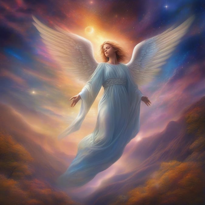 A stunning digital artwork featuring an angel soaring through the sky, surrounded by the warm hues of a sunset.