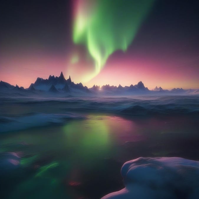 This stunning image captures the breathtaking beauty of an aurora borealis in a futuristic, sci-fi landscape. The vibrant, glowing green and purple lights in the sky create a mesmerizing display, reminiscent of the aurora borealis or aurora australis, but with an extraterrestrial twist.