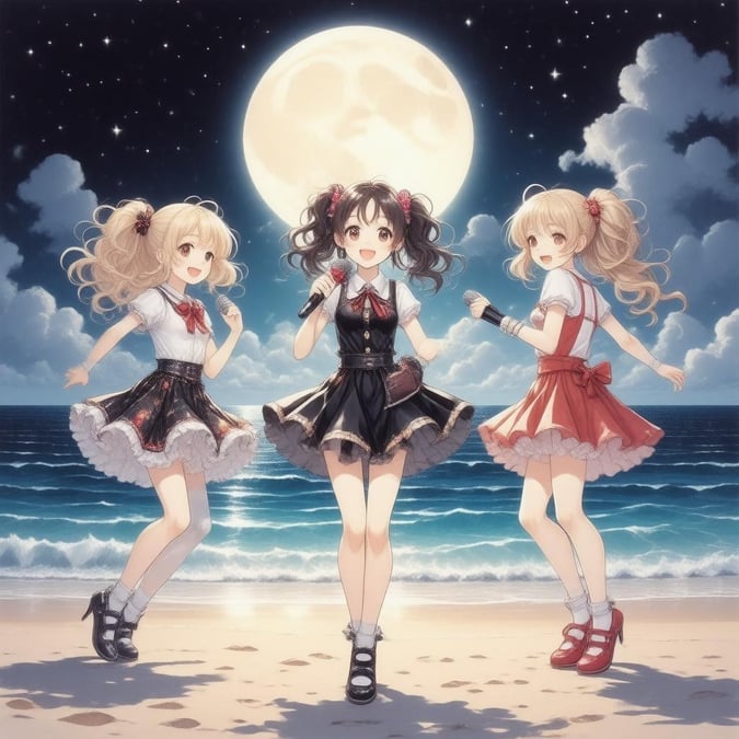 This captivating anime wallpaper features a group of anime girls dancing on a beach under the light of the moon. The central girl, a small girl, is a kaleidoscope of girls, clad in black and white, holding a microphone, while the other two are clad in black and white, all clad in colorful clothing. The moon shines brightly in the background, casting an ethereal glow on the ocean and the serene ocean.