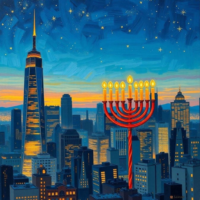 A vibrant city skyline glowing with Hanukkah lights, featuring the iconic Empire State Building and a brightly lit menorah.