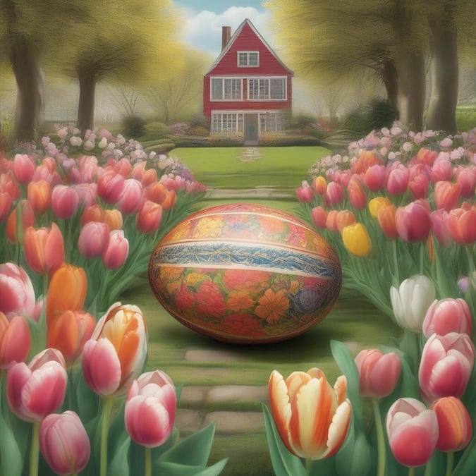 Welcome the spring season with this festive garden scene. Blooming flowers surround a colorful decorated egg, symbolizing the joy and rebirth of the season.