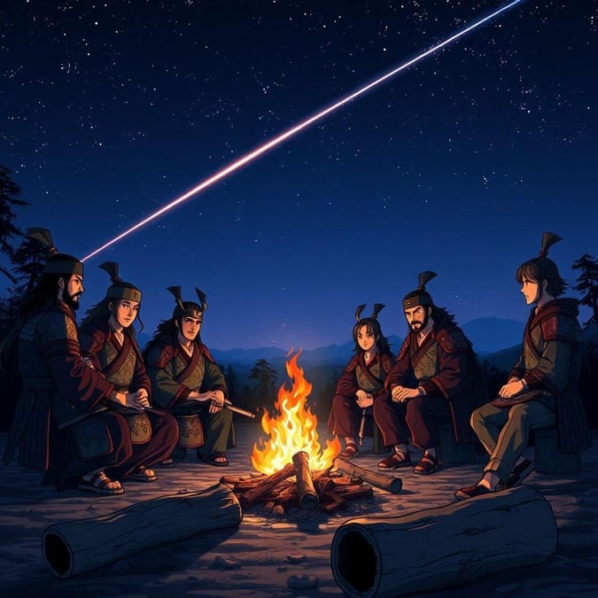 Dieser Anime-Hintergrund zeigt einen ruhigen Moment der Kameradschaft und des Staunens, während eine Gruppe von Samurai-Kriegern sich um ein Lagerfeuer versammelt, ihre Aufmerksamkeit auf einen Meteoriten gerichtet, der über den Nachthimmel zieht.