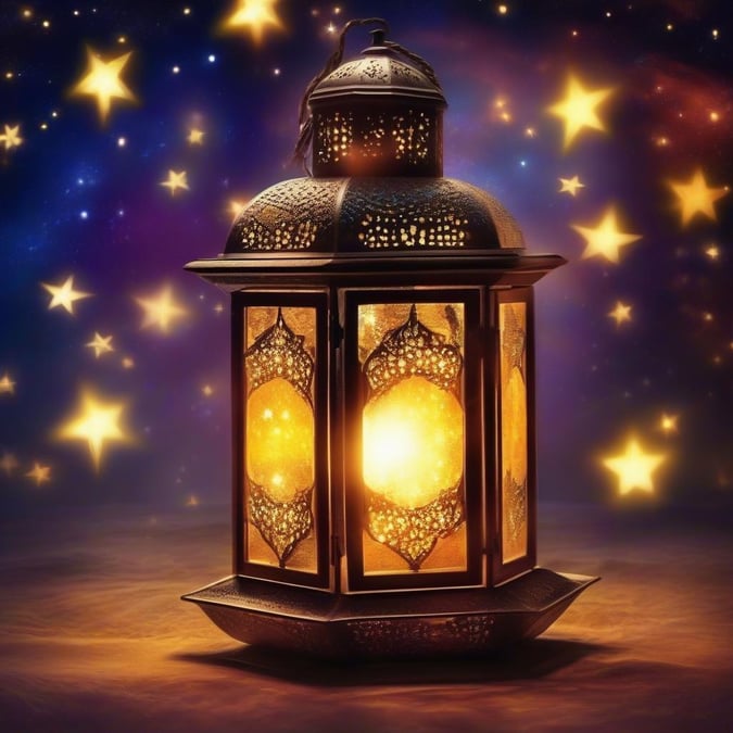 A beautifully crafted metal lantern with intricate designs, casting a warm, inviting glow amidst a backdrop of starry night and colorful lights. Perfect for setting a cozy ambiance during Ramadan or Eid celebrations.