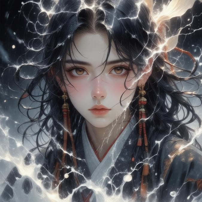 A young warrior in a detailed anime illustration, caught in the midst of a powerful storm. Her flowing waterfall hair and captivating gaze add to her mystique, set against a dark background that accentuates her presence.