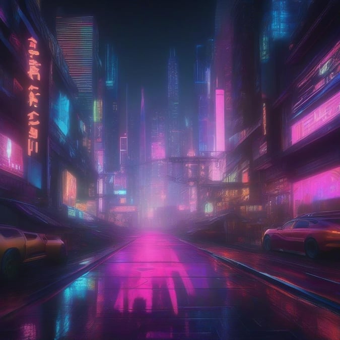 A neon-lit city street at night, bustling with futuristic cars in the rain, reflecting on the wet pavement.