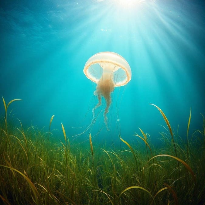 This beautiful underwater scene features a jellyfish swimming gracefully in the ocean, surrounded by lush green grass. The image captures the serene and peaceful atmosphere of the underwater world, with the jellyfish's translucent body glowing in the sunlight.