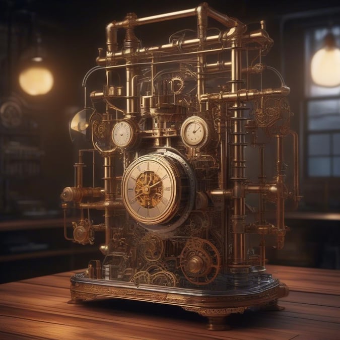 Dieser atemberaubende Wallpaper zeigt ein detailliertes 3D-Rendering einer komplizierten steampunk-inspirierten Maschine, die Steampunk- und Industriedesign in einer schwach beleuchteten Laborumgebung verbindet.