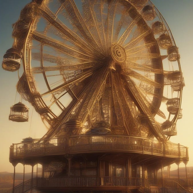 A classic carnival ferris wheel standing tall against the vibrant colors of a sunset. The glowing center contrasts beautifully with the surrounding landscape. A nostalgic symbol of fun and joy, this ferris wheel is a favorite attraction for families and children alike.