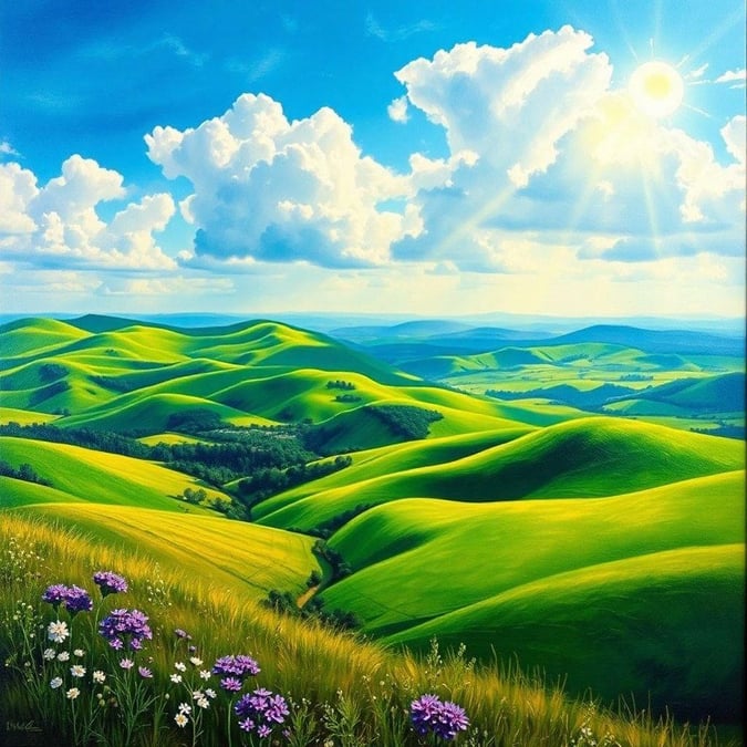 This captivating scene showcases the breathtaking view of rolling hills and valleys bathed in the warmth of a sunny day. The verdant landscape is adorned with blooming flowers, adding a touch of color to the lush scenery.