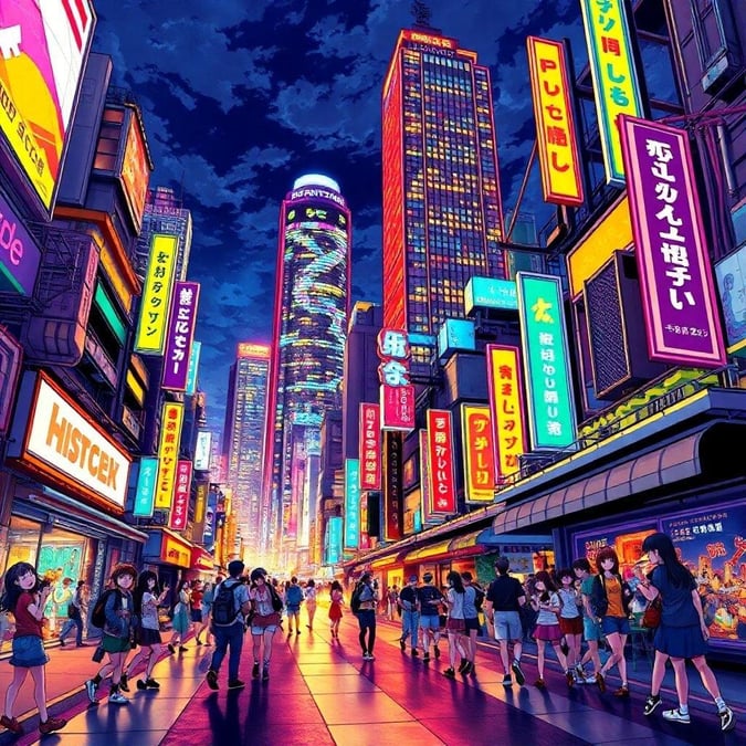 Immerse yourself in the vibrant world of anime with this stunning cityscape wallpaper, featuring a bustling street filled with colorful characters and towering skyscrapers.