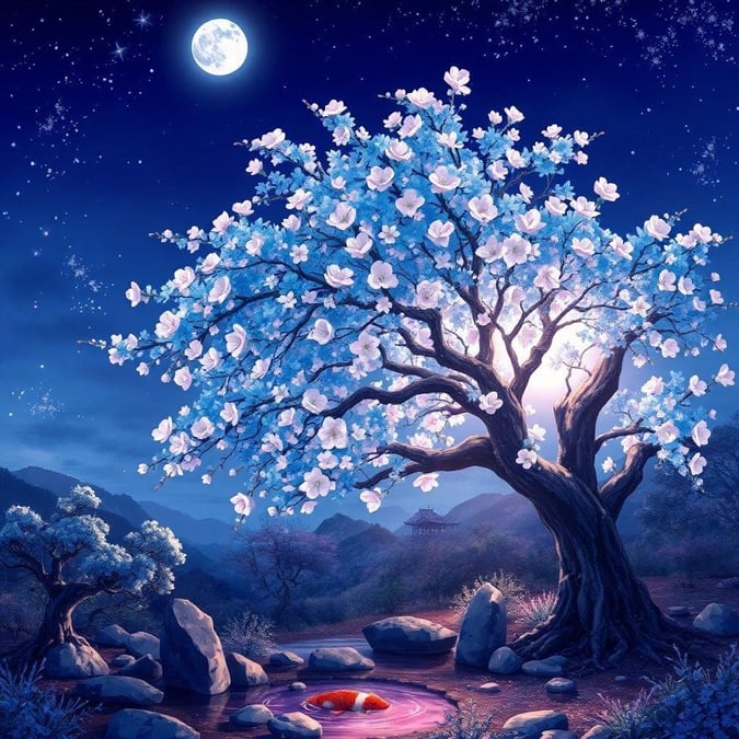 Mergulhe na beleza serena desta ilustração em estilo anime, onde uma cerejeira floresce sob a suave luz da lua. Os vibrantes ramos azuis e a atmosfera etérea criam uma cena pacífica e encantadora, perfeita para papéis de parede de desktop e mobile.