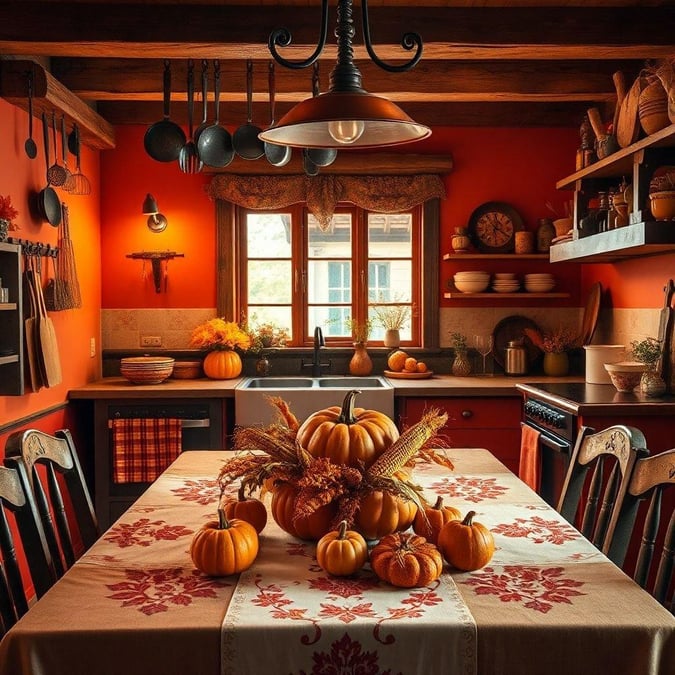 This wallpaper captures the essence of a cozy Thanksgiving gathering, with a beautifully set table adorned with pumpkins, gourds, and fall foliage.