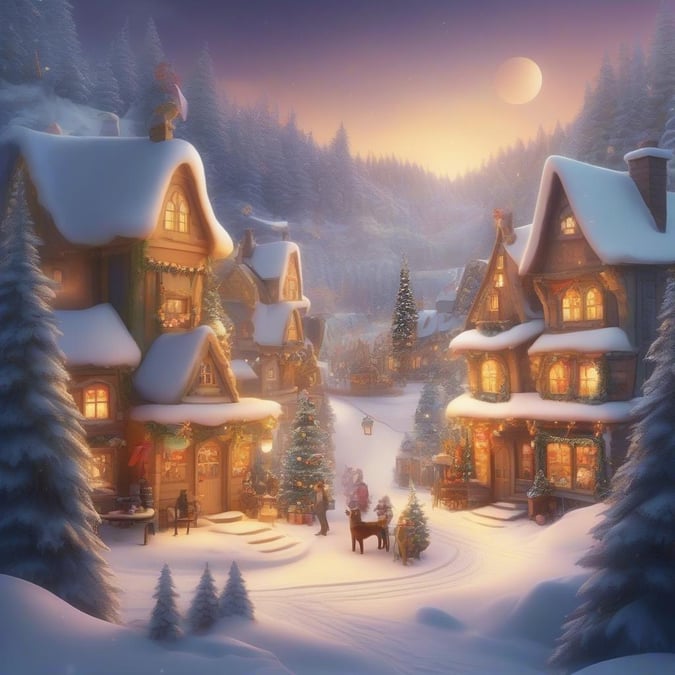 A charming winter village bathed in the glow of twinkling lights, with a snowy street that leads to festive houses and trees.