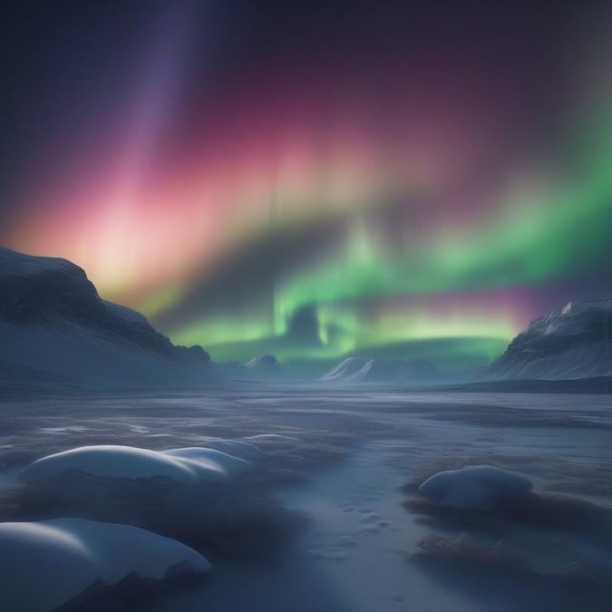 Immerse yourself in the serene beauty of an arctic landscape, where the breathtaking aurora borealis paints the sky with radiant hues of green and pink. This desolate yet majestic scene showcases the tranquility of nature's grand spectacle, a true testament to the wonders of our planet.