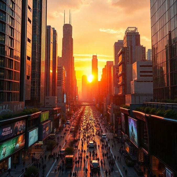 A stunning view of a city skyline at sunset, with towering skyscrapers and bustling streets. The sky is painted with hues of orange, pink, and purple, creating a breathtaking backdrop for the urban landscape.