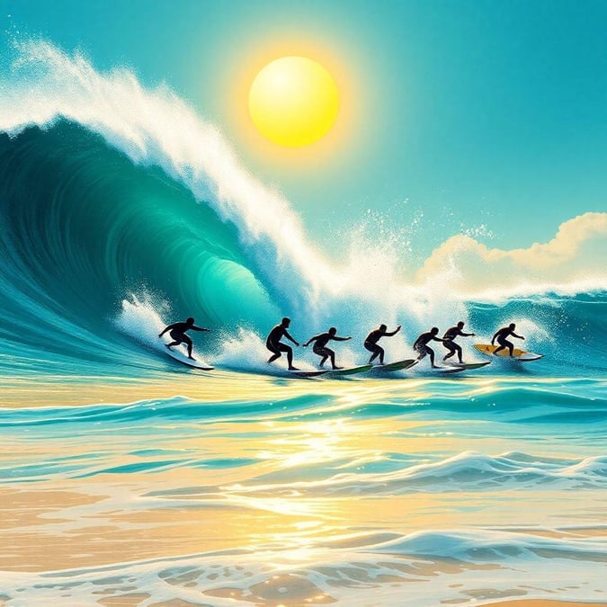 A group of surfers riding a powerful wave at sunset. Bright blue water, white foam from the waves, and an orange sky with the sun setting in the distance.