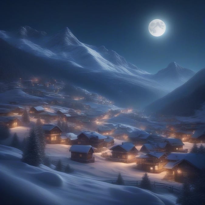 This serene winter night village wallpaper captures the peacefulness of a snow-covered village under a full moon. The soft, ethereal lighting and the gentle glow of the moon create a sense of tranquility, making it a perfect desktop or mobile wallpaper for those who love the beauty of winter.